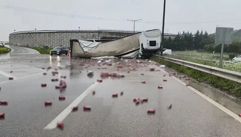 TIR Devrildi: İçkiler Yolda Akın Akın Dağıldı